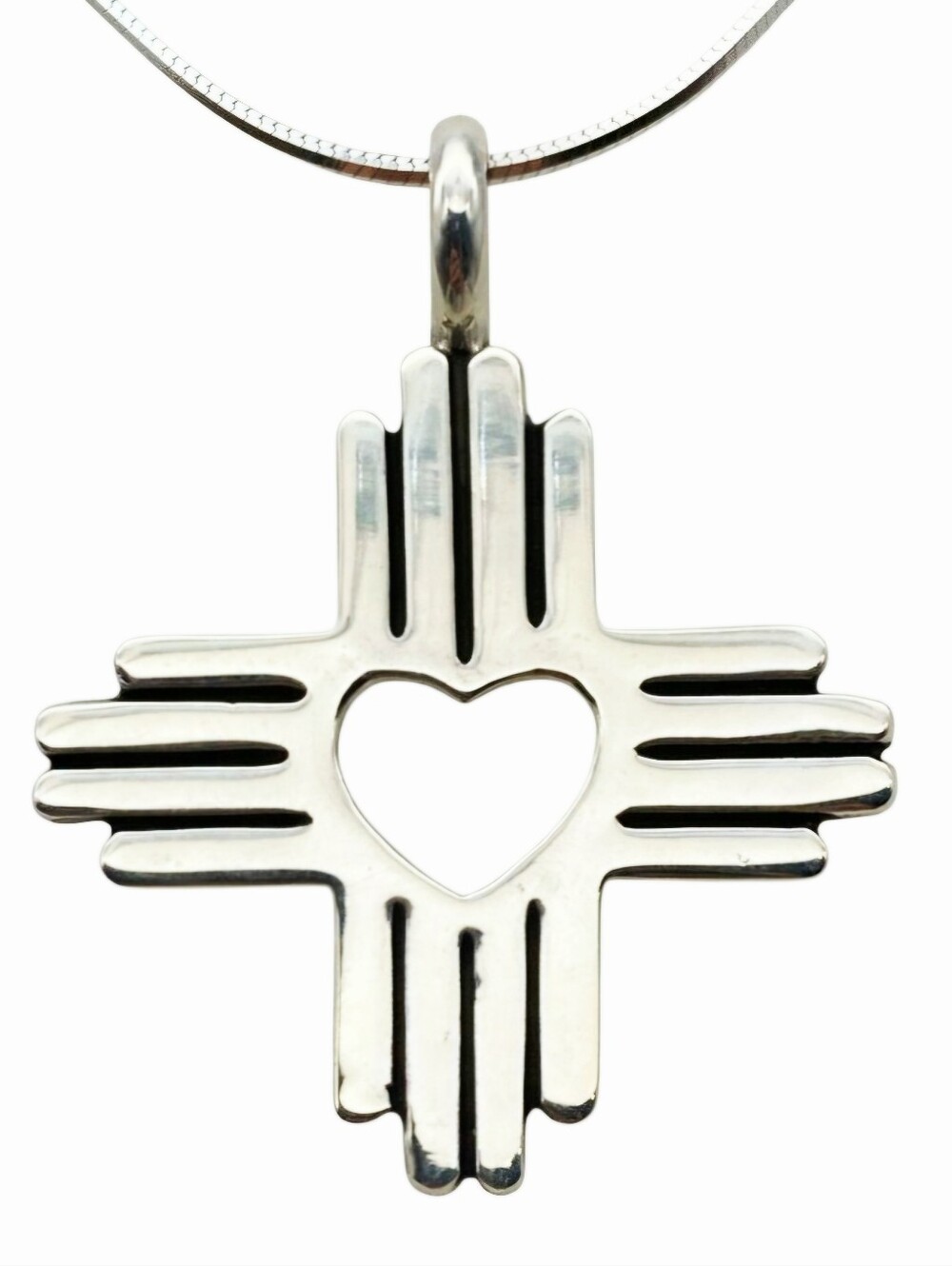 Beautiful *Sterling Silver Heart Zia Sun Pendant – Southwestern Cross Necklace